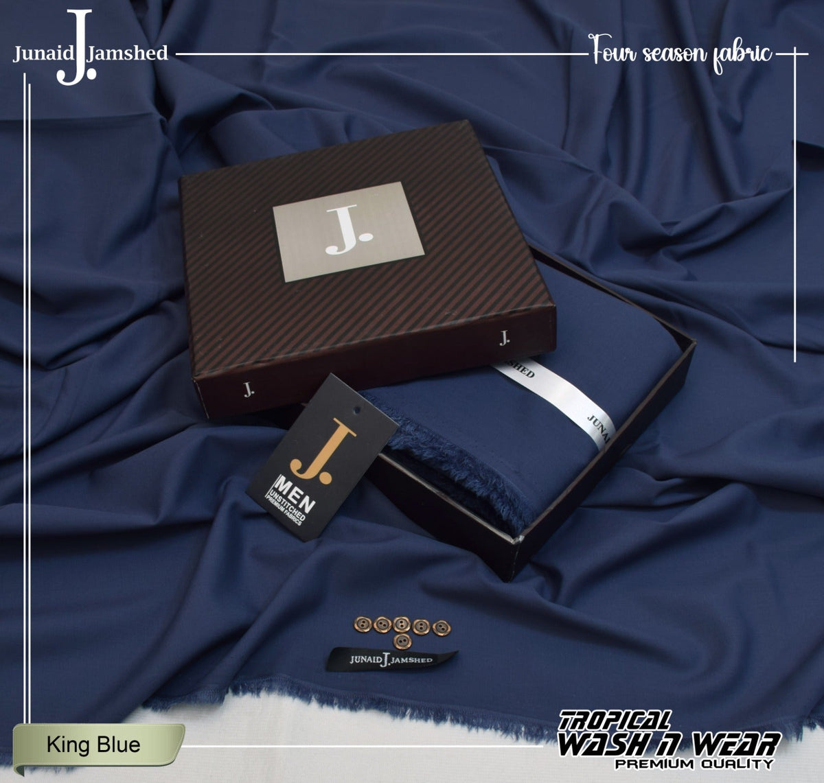 Junaid Jamshed Navy Blue Tropical Premium Wash & Wear – Men’s Unstitched Four-Season Suit 2026